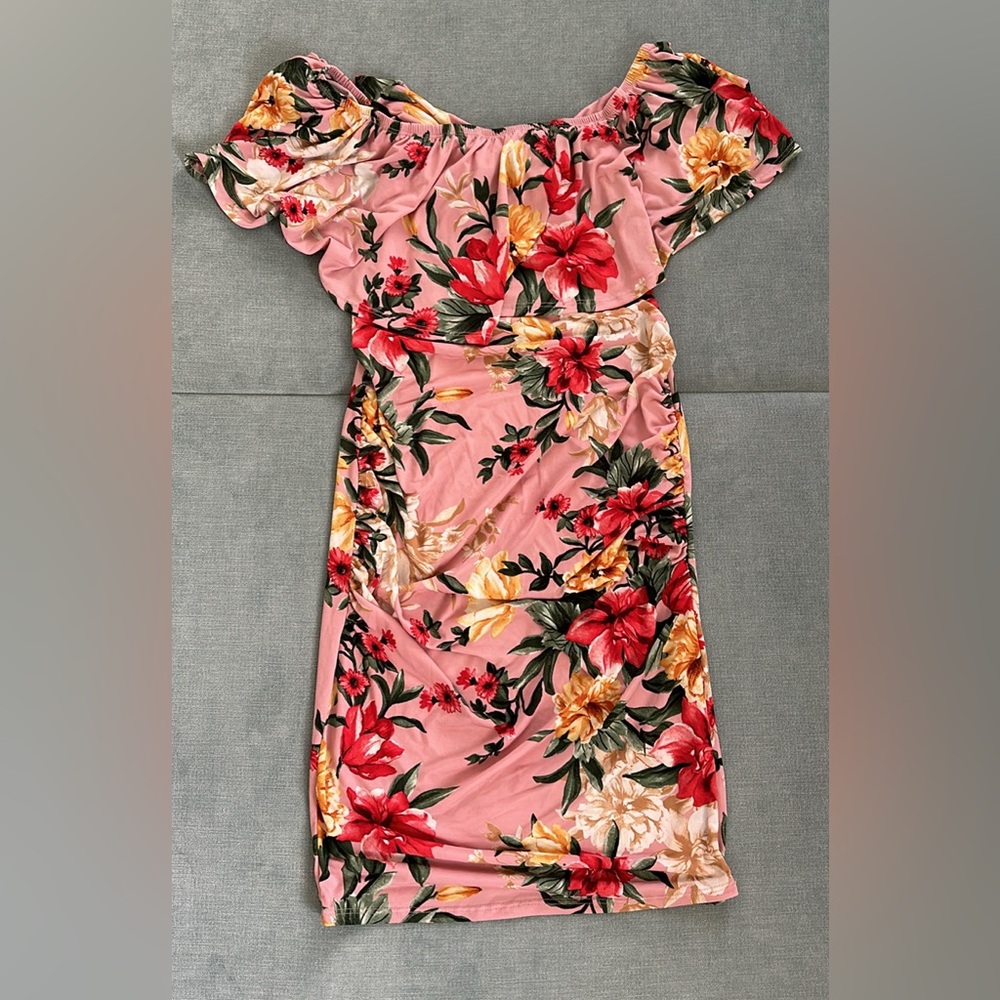 Off shoulder tropical print maternity dress from PinkBlush